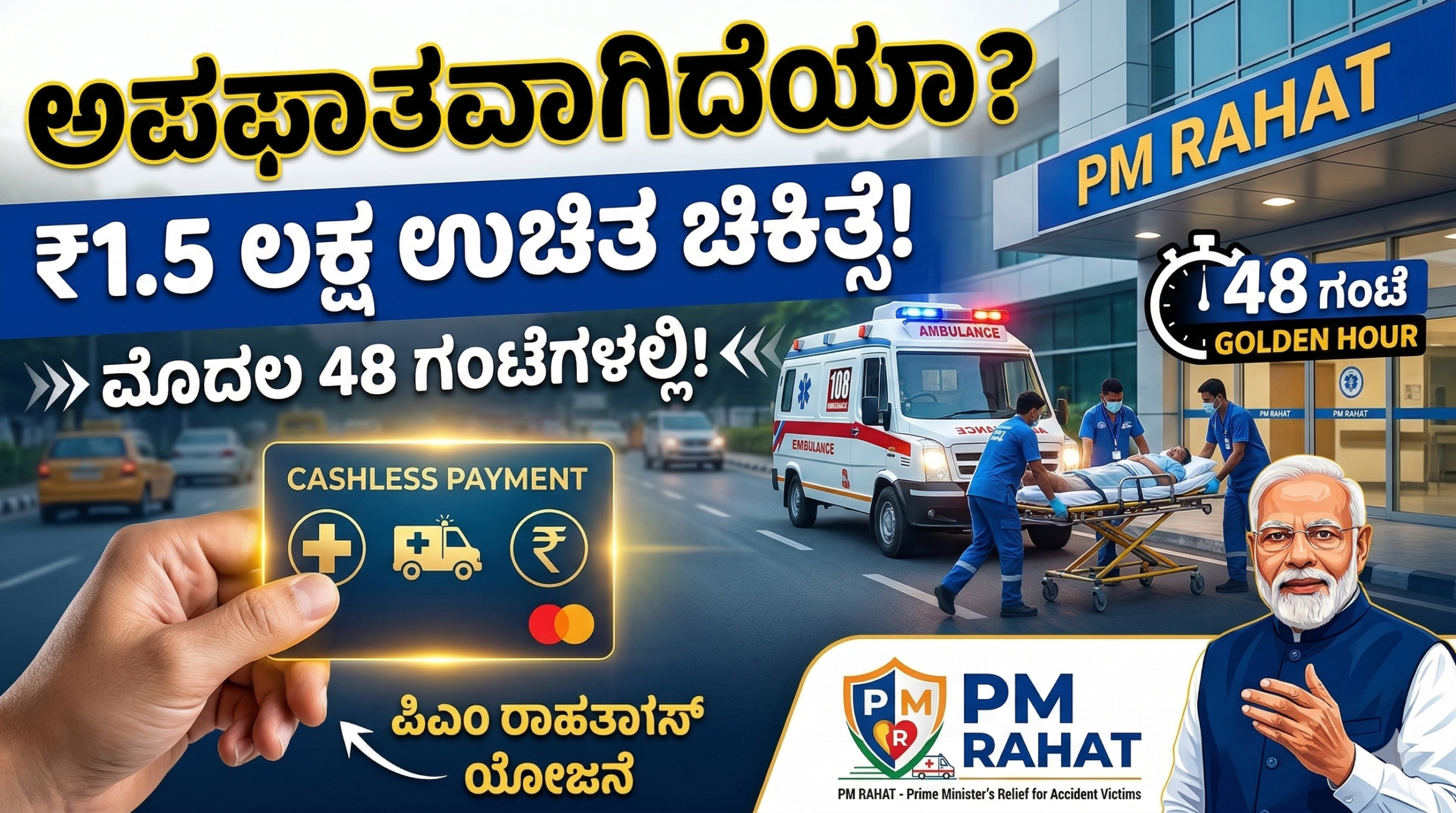 PM RAHAT ಯೋಜನೆ 2026 ರ ಅಡಿಯಲ್ಲಿ ರಸ್ತೆ ಅಪಘಾತಕ್ಕೀಡಾದವರಿಗೆ ಮೊದಲ 48 ಗಂಟೆಗಳಲ್ಲಿ ₹1.5 ಲಕ್ಷದವರೆಗೆ ಉಚಿತ ನಗದು ರಹಿತ ಚಿಕಿತ್ಸೆ ಮತ್ತು ಗೋಲ್ಡನ್ ಅವರ್ ಸೌಲಭ್ಯ.